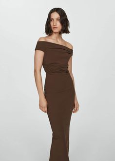 Off-the-shoulder draped dress -  Women | Mango USA Chocolate Bridesmaid Dresses, Brown Dresses Formal, Summer Color Trends, Midi Design, Tan Wedding, Mango Dress, Brown Wedding, Mango Outlet, Convertible Dress