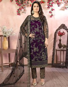 Purple Net Pant Pakistani Suit Purple Heavy Cording and Sequence Work:Arabic Attire Anarkali Lehenga Gowns, Celana Fashion, Straight Cut Pants, Salwar Kamiz, Embroidered Pants, Pant Suit, Net Dupatta, Pakistani Suits, Salwar Suit