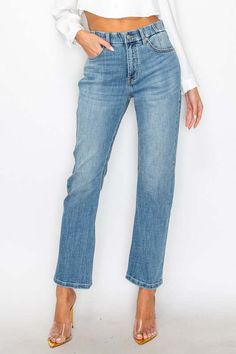 Woman wearing tummy control high-rise straight jeans with gap-proof waistband and medium stone wash. High Rise Straight Jeans, Orange Dress, Club Dresses