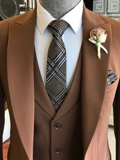 Bojoni Brown Slim-Fit Suit 3-Piece | VICLAN Brown Tux, Brown Suit Vest, Coat Pant For Men, Brown Suits For Men, Brown Tuxedo, Peak Lapel Suit, Terno Slim Fit, Terno Slim, Groom And Groomsmen Suits