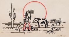 a drawing of a man standing next to a cow in the middle of a desert