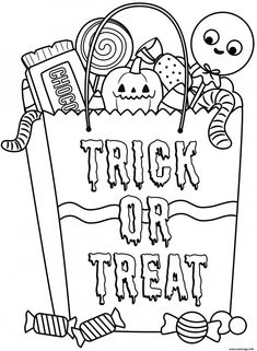 a trick or treat bag with candy and candies on the side, outlined in black and white