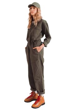 Climbing Jumpsuit, Forest Green Cotton Jumpsuits And Rompers With Pockets For Outdoor, Military Style Cotton Overalls, Military Style Long Sleeve Cotton Jumpsuit, Military Style Long Sleeve Cotton Jumpsuits And Rompers, The 20th Century, Rock Climbing, Forest Green, Capsule Wardrobe, Parachute Pants