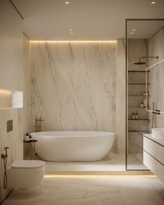 an elegant bathroom with marble walls and flooring