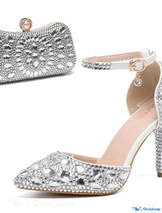 OrcaJump - Womens Luxurious Elegant Synthetic Wedding Shoes with Sparkling Crystal High Heel Spikes, Ankle Strap, and Match Silver Round Toe Wedding Shoes, Spring Heels, Elegant Fall, Ankle Strap Heels, Sparkling Crystal, Rubber Heels, Strap Heels, Wedding Shoes, High Heel