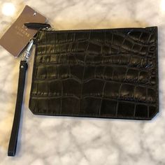 Petite And Practical Etienne Aigner Eva Black Adige Croco Flat Pouch, Perfectly Sized For Carrying All Your Small Items To An Event, Made With Croc Print Calf Leather And A Zip Closure, Size Is Around 6 X 8 Inches Flat Pouch, Croc Print, Etienne Aigner, Small Items, Calf Leather, Bag Lady, Pouch, Leather, Women Shopping