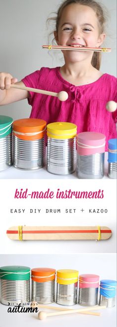 kid made drum set and kazoo {easy indoor craft} - It's Always Autumn Music Crafts Preschool, Music Instruments Kids, Diy Drums, Homemade Musical Instruments, Drums For Kids, Theme Carnaval