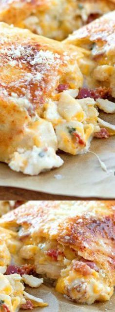 two pictures of chicken and cheese casserole on parchment paper, one is cut in half