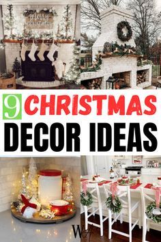 christmas decor ideas for the dining room and living room with fireplaces, tables, chairs