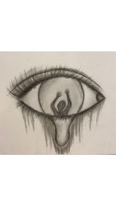 a pencil drawing of an eye with a person's hand in the iris