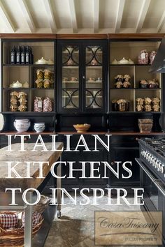 an italian kitchen with lots of black cabinets