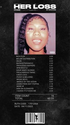 Her Loss Album Poster, Her Loss Poster Drake, Album Receipts Drake, Drake Album Receipt, Drake Receipt, Her Loss Poster, Her Loss Album Cover, Her Loss Drake, Receipt Design