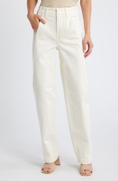 The cut: easy through the hips and thighs, these high-waist jeans have tapered legs, slant pockets, a side panel and welt back pockets. 31 1/2" inseam; 19" leg opening; 12" front rise; 14 1/2" back rise (size 29) Zip fly with button closure Front slant pockets; back welt pockets 98% cotton, 2% elastane Machine wash, tumble dry Imported Mom Fit Rigid Denim Bottoms With Tapered Leg, High Rise Cotton Bottoms With Contrast Stitching, Spring Jeans With Seam Detailing And Tapered Leg, High-rise White Jeans With Belt Loops, High Rise White Jeans With Belt Loops, White High Rise Jeans With Belt Loops, Everyday Cotton Bottoms With Contrast Stitching, High Rise Tapered Rigid Denim Bottoms, Straight Leg Bottoms With Seam Detailing