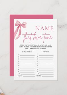 a pink and white game card with the words name that love time on it