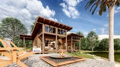 an artist's rendering of a house in the middle of a park with palm trees