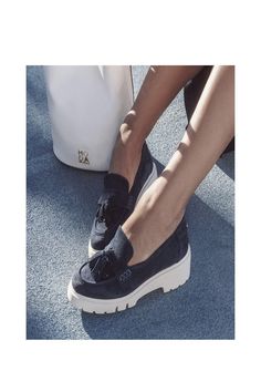 Feyre is the modernised loafer featuring a cleated wedge sole and tassel trim. A classic and a firm favourite to style with all outfits. Mid Heel Shoes, High Heel Boots Knee, Sports Luxe, Black Chelsea Boots, White Boots, Suede Loafers, Boots Knee, Chunky Boots, Long Boots