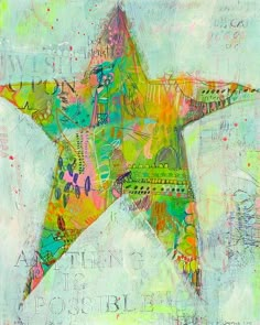 an abstract painting of a star with words written all over it and on the bottom