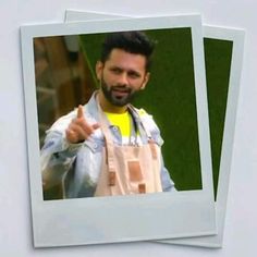 two polaroid photos of a man with an apron on and pointing at the camera