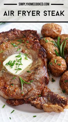 an air fryer steak on a plate with potatoes