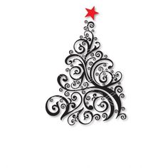 a christmas tree with swirls and stars on the top is shown in black ink