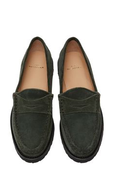 Supple suede brings vintage vibes to a classic penny loafer grounded on a chunky lug sole. 1" heel; 3/4" platform (size 38.5) Leather upper and lining/synthetic sole Made in Italy Ann Mashburn, Loafer Women, Penny Loafer, Lug Sole, Penny Loafers, Vintage Vibes, Loafers For Women, Penny, Leather Upper