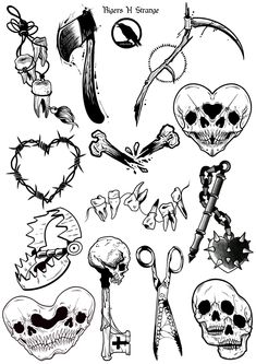 a bunch of different skulls and scissors on a white background