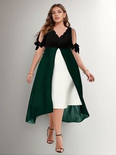 Olivia Mark - Asymmetric Sleeve Patchwork Dress Elegant Green Patchwork Dress, Green A-line Patchwork Dresses, Green A-line Dress With Patchwork, A-line Green Patchwork Dresses, Elegant Asymmetrical Patchwork Dress, Chic Green Patchwork Dress, Neck Stitching, Half Sleeve Dress, Dark Green Blue