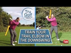 two men in pink shirts playing golf on a green field with the words train your trail elbow in the downswing