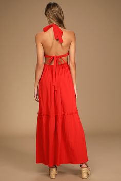 Stroll around under the sun with the Lulus Island Vacay Red Tie-Back Maxi Dress! Lightweight crinkle-woven fabric shapes this dress that has a tying halter neckline and a fitted bodice that ties at the back. The cutout waist has a center O-ring that tops a full maxi skirt with a tiered hem. Elastic at back of waist for fit. Fit: This garment fits true to size. Length: Floor length. Size medium measures 40.75" from top to bottom. Bust: Great for any cup size. Waist: Fitted - elastic waist allows stretch. Hip: Not Fitted - fuller skirt allows room for hips. Undergarments: May be worn with an adhesive bra, petals, or no bra. Fabric: Fabric has some stretch. Lined. Shell: 96% Polyester, 4%Spandex. Lining: 100% Polyester. Hand Wash Cold. Do Not Bleach. Line Dry. Iron Low Heat. Imported. Lulus | Layered Maxi Dress, Home Dress Women, Full Maxi Skirt, Clothing Summer, Vacation Dresses, Evening Gowns Formal, Cutout Dress, Tiered Dress, Clothes Collection