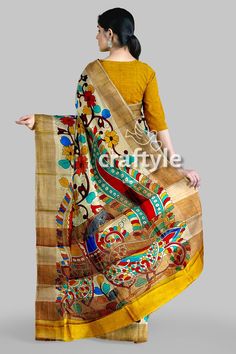 Hand Painted Kalamkari Saree With Blouse Piece Silk Mark - Etsy Artistic Multicolor Raw Silk Dupatta, Anarkali Art Silk Dupatta With Kalamkari Print, Artistic Multicolor Raw Silk Traditional Wear, Yellow Chanderi Blouse With Kalamkari Print, Artistic Multicolor Chanderi Dupatta, Artistic Multicolor Art Silk Dupatta, Artistic Kalamkari Print Silk Dupatta, Yellow Art Silk Dupatta With Printed Motifs, Artistic Chanderi Dupatta With Pallu