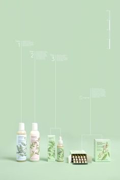 the contents of an assortment of skin care products on a light green background with information about each product