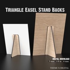 three different types of wood stand next to each other on a black background with text reading triangle easel stand backs