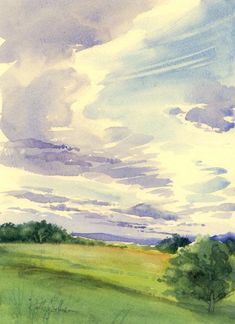 a watercolor painting of clouds over a green field