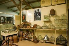 there are many pots and vases on the shelves in this room that is filled with pottery