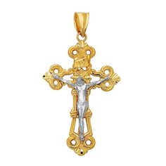 Keep your faith close to your heart with an elegant 14K 2 tone gold Crucifix cross pendant. A perfect gift for any religious occasion with gorgeous golden tones in simple and statement designs.The simple look makes it perfect for everyday wear, whether on its own or layered with other delicate necklaces.14K Yellow And Gold Crucifix Necklace, White Gold Cross Pendant, Fine Gold Necklace, Unicorn Pendant, Gold Cross Pendant, Gold Flats, Birthstone Pendant, Gold Cross, Silver Gifts