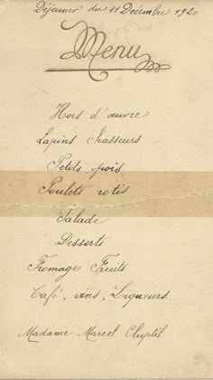 an old fashioned menu with writing on the front and back cover, in black ink