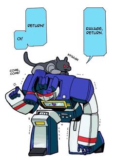 an image of a robot cat with speech bubbles above it