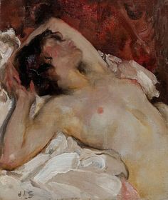 a painting of a naked man laying on a bed