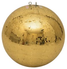 a shiny gold disco ball ornament hanging from a hook