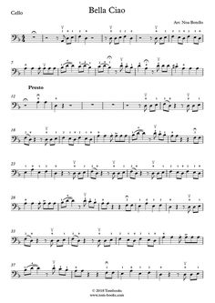 sheet music for cello and piano with the words belia ciao