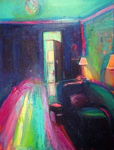 a painting of a room with a couch and lamp