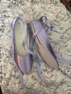 Lavender Ballet Flats, Purple Fairy Shoes, Ballet Core Shoes, Satin Round Toe Wedding Shoes For Spring, Spring Wedding Shoes With Satin And Round Toe, Spring Wedding Satin Shoes With Round Toe, Ballet Style Round Toe Flats For Party, Ballet Style Closed Toe Dance Shoes, Spring Ballet Dance Shoes With Closed Toe