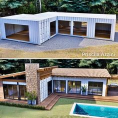 two pictures side by side of a house made out of shipping containers