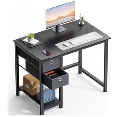 an office desk with a computer on top and file drawers underneath it, in front of a white background