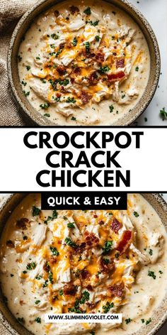 crockpot chicken in a skillet with text overlay that reads, crockpot chicken quick and easy