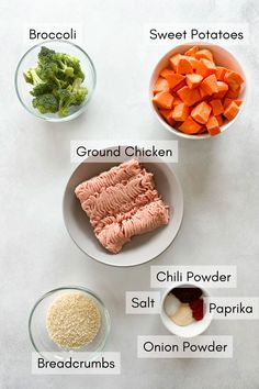 the ingredients for broccoli, sweet potatoes, and carrots are shown in bowls