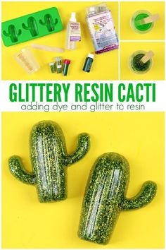 an image of glittery resin cacti and other crafting supplies on a yellow background