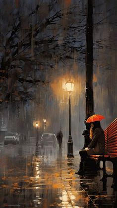 a painting of a person sitting on a bench in the rain with an umbrella over their head