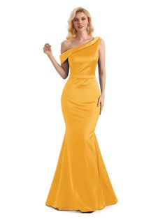 marigold Satin Prom Gown With Asymmetrical Neckline, Gold Mermaid Dress With Sweep Train, Gold Mermaid Dress With Sweep Train Floor-length, Gold Satin Dress For Banquet, Gold Floor-length Mermaid Dress With Sweep Train, Gold Satin Dress For Banquets, Satin Mermaid Dress With Sweep Train For Banquet, Satin Mermaid Hem Gown For Banquet, Satin Mermaid Dress With Mermaid Hem For Banquet