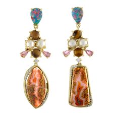 Style Code - RCK-E-30 Agate 20.27 cts, Tiger Eye 3.3 cts, Boulder 2.10 cts, Tourmaline .73 cts, Pearl 3 cts, Dia .29 cts Earrings Set in 14K Yellow Gold  Earring length 2.25" Available for immediate ship - One of a kind Geode Jewelry, Opal Drop Earrings, Geode Earrings, Sparkly Jewelry, Costume Earrings, Agate Earrings, Necklace Diy, Mismatched Earrings, Jewelry Fashion Trends